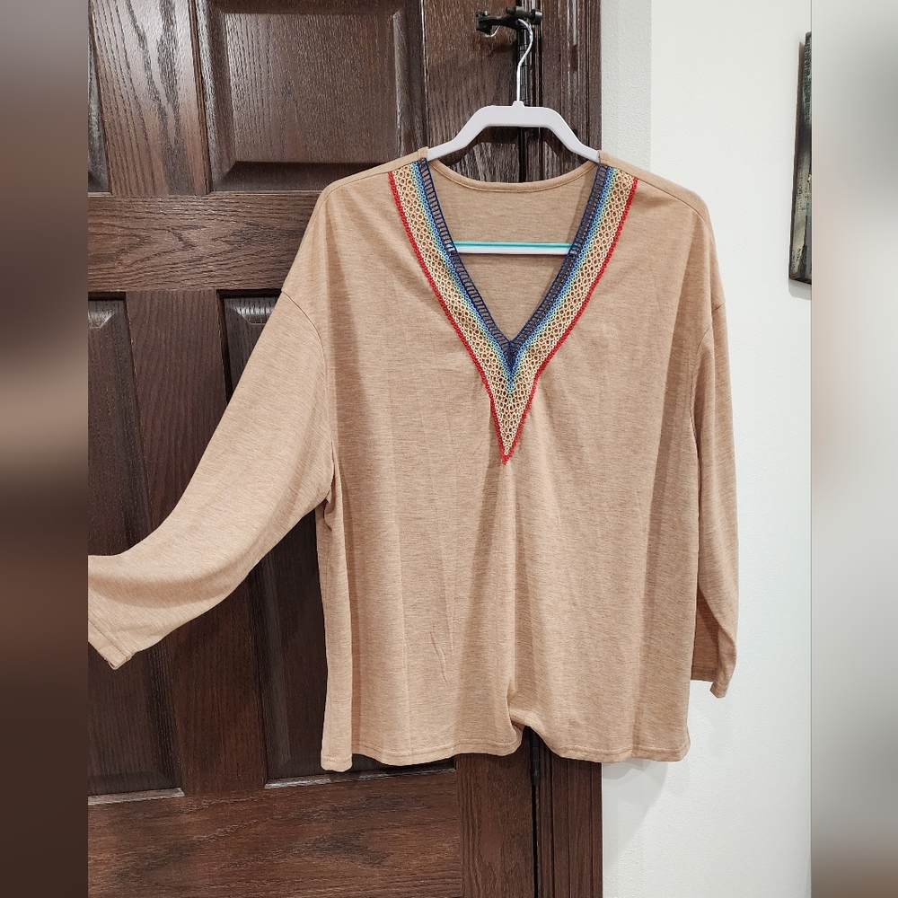Beige V-Neck Top with Colorful Trim